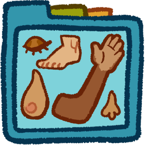 blue file folder with green and orange tabs behind it. on blue file folder is closed eye, pale foot, light brown breast, dark brown arm, brown nose.